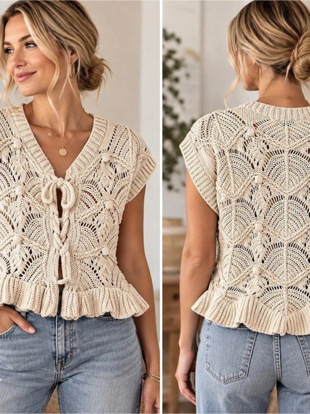 ZARA Cream Chunky Knit Tie Front Cardigan Sweater Peplum Hem Textured Boho S